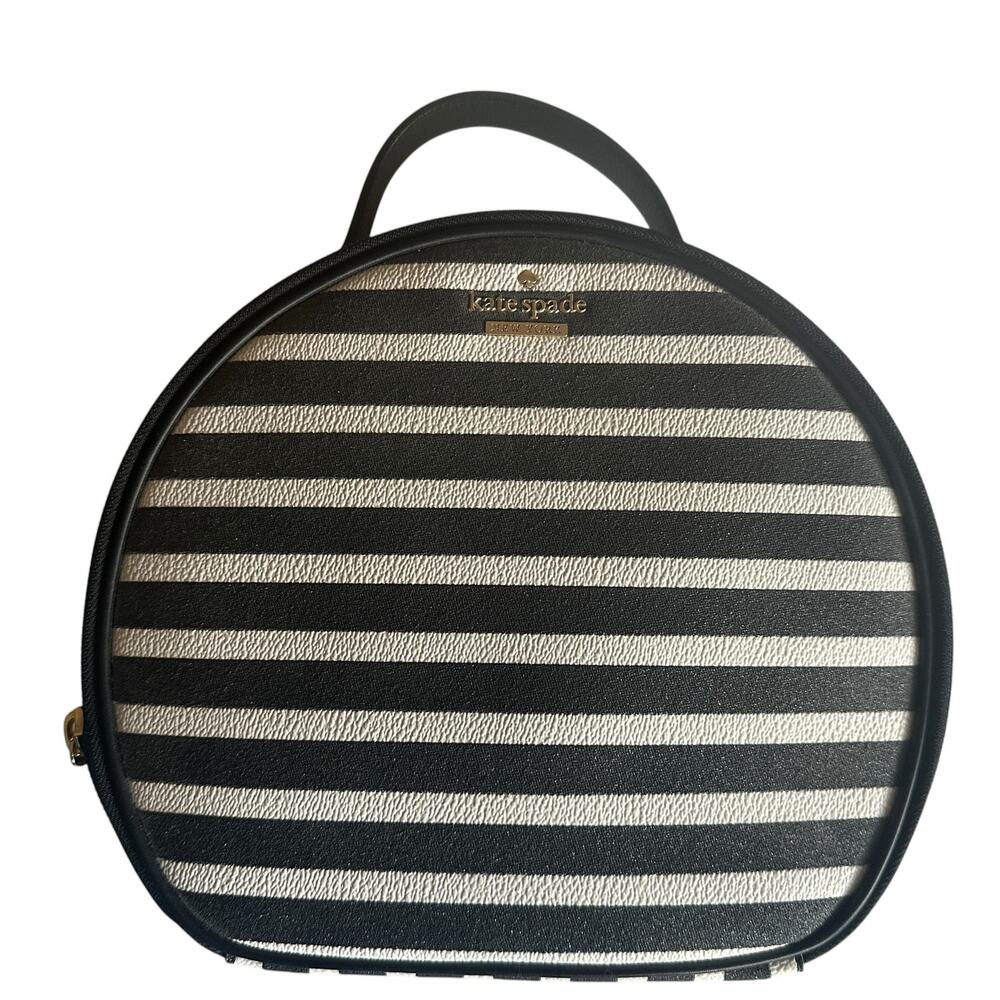 Kate Spade Miri Glitter Makeup Bag Black White Striped Round Cosmetic Case